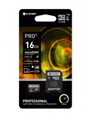 PLATINET microSDHC SECURE DIGITAL + ADAPTER SD 16GB class10 UIII 90MB/s [44001]