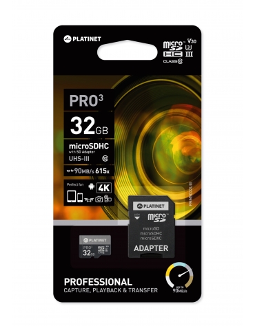 PLATINET microSDHC SECURE DIGITAL + ADAPTER SD 32GB class10 UIII 90MB/s [44003]