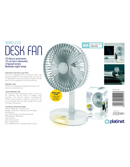PLATINET RECHARGEABLE DESK FAN 3000 MAH 3 STEPS WHITE/GREY