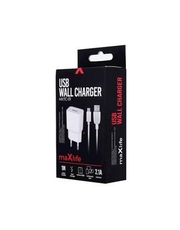 Maxlife wall charger MXTC-01 USB Fast Charge 2.1A + Type-C cable white