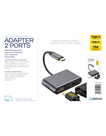 PLATINET MULTIMEDIA ADAPTER Type-C to HDMI 4K 30Hz VGA PORT