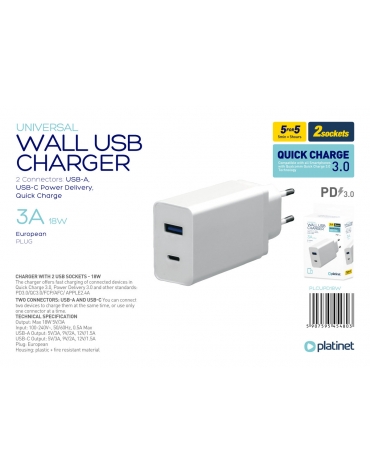 PLATINET WALL CHARGER 18W TYPE C PD3.0+QC3.0