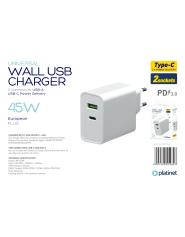 PLATINET WALL CHARGER 45W TYPE C PD3.0+USB2.4A
