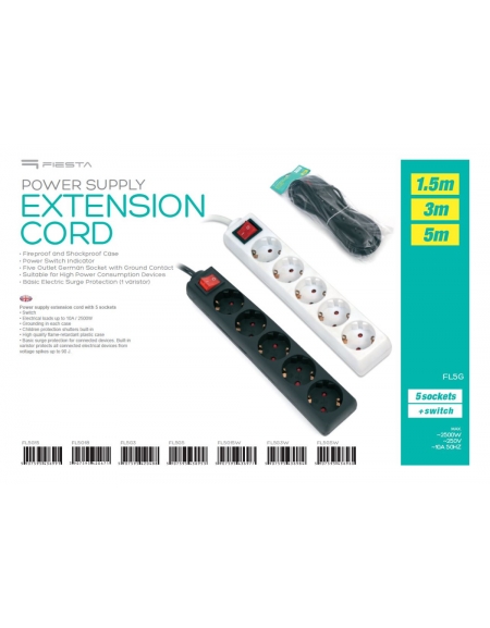 FIESTA POWER SUPPLY EXTENSION CORD 5 GERMAN SOCKETS 3,0M