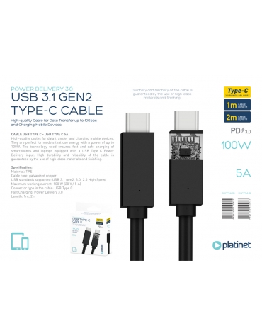 PLATINET USB 3.1 TYPE-C TO TYPE-C CABLE 5A 1M BLACK