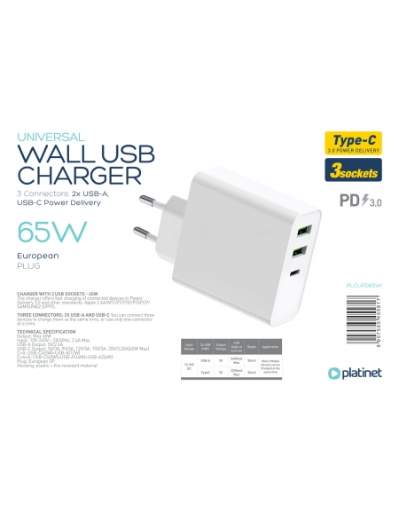 PLATINET WALL CHARGER 65W TYPE C PD65W+USB2.4A