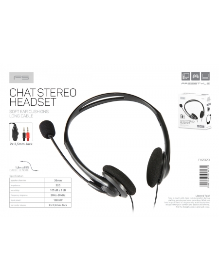 FREESTYLE HEADPHONES WITH MIC AND VOLUME CONTROL 2 X 3.5 MM JACK BLACK
