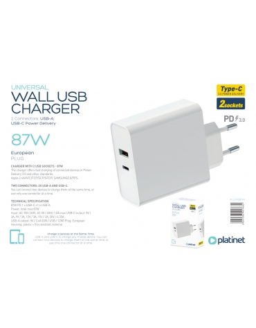 PLATINET WALL CHARGER 87W TYPE C PD65W+USB 12W