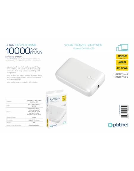 PLATINET POWER BANK 10000mAh  PD22,5W QC EV-BATTERY 1400 Cycles WH