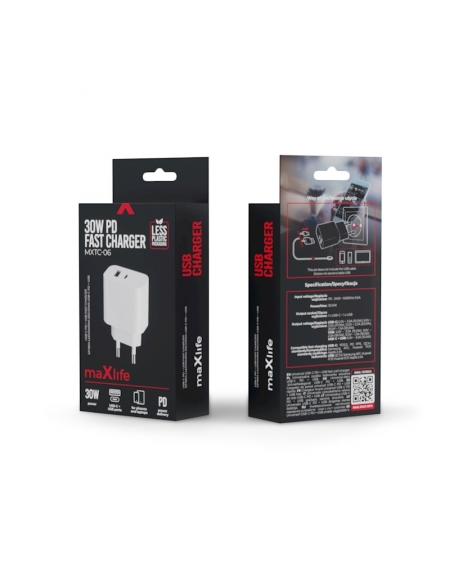 Maxlife MXTC-06 PD QC charger 1x USB-C 1x USB 30W white