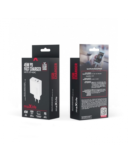 Maxlife MXTC-07-45AC PD QC charger 1x USB-C 1x USB 45W white