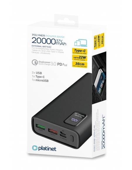PLATINET POWER BANK 20000 mAh Polymer PD 3.0 QC 3.0 LED Screen