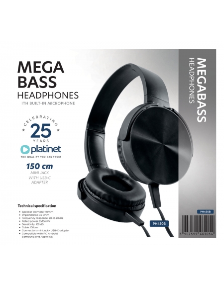 PLATINET WIRED HEADPHONES MEGA BASS 1,5M JACK AND USB-C ADAPTER BLACK