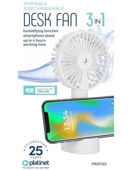 PLATINET RECHARGEABLE DESK FAN PHONE HOLDER AIR HUMIDIFIER 1200MAH WHITE