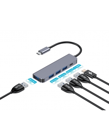 PLATINET MEDIA HUB USB-C TO 4X USB-A 3.2 GEN1 + 1X USB-C PD 100W 5IN1 ALUMINIUM