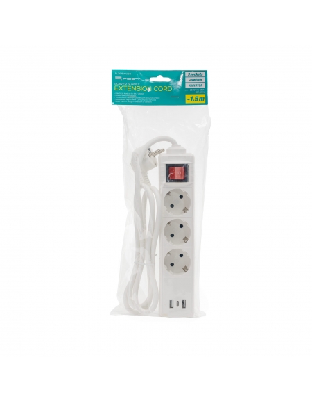 FIESTA EXTENSION CORD WITH BASIC SURGE PROTECTION 10A 3 SOCKET 2xUSB-A 1xUSB-C 1,5 M SCHUKO WHITE