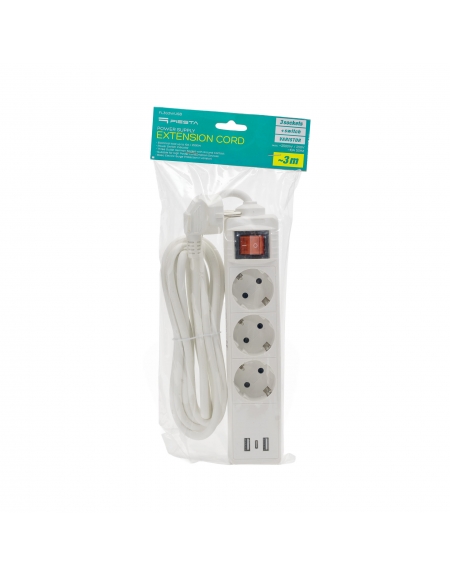 FIESTA EXTENSION CORD WITH BASIC SURGE PROTECTION 10A 3 SOCKETS 2xUSB-A 1xUSB-C 3M SHUKO WHITE